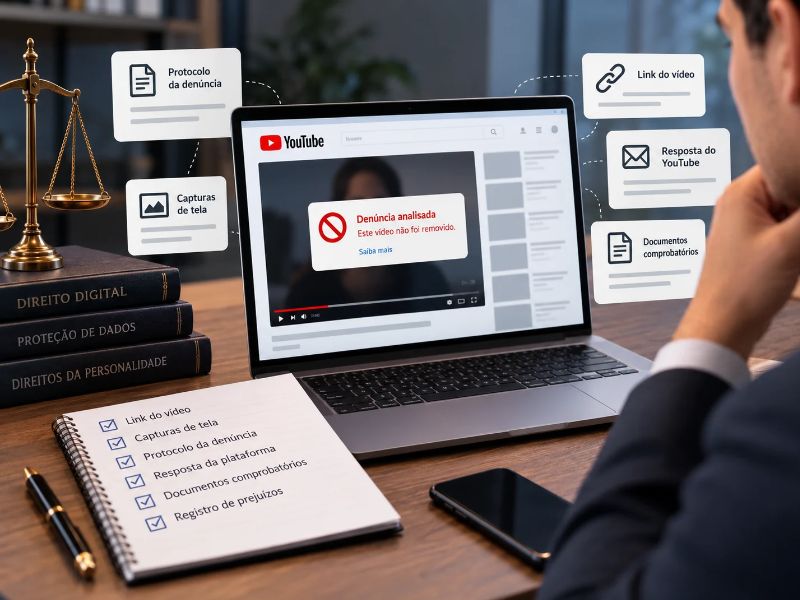YouTube não retirou o vídeo após minha denúncia: quais documentos reunir para avaliar outras medidas?